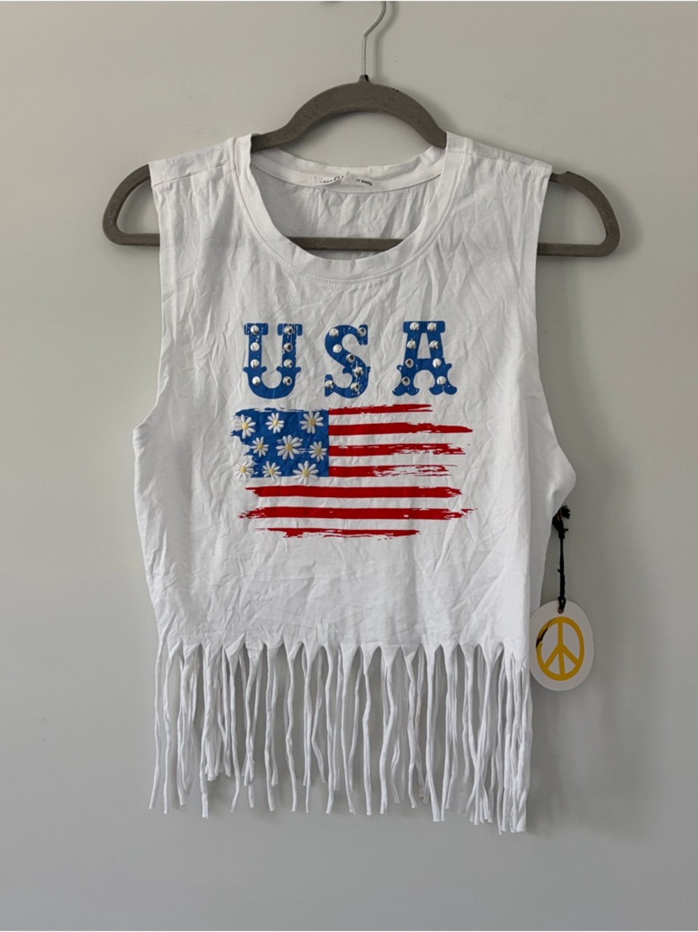 Love Peace & Lazy Days White USA Embroidered Sleeveless Fringe Tank Top NWT L
